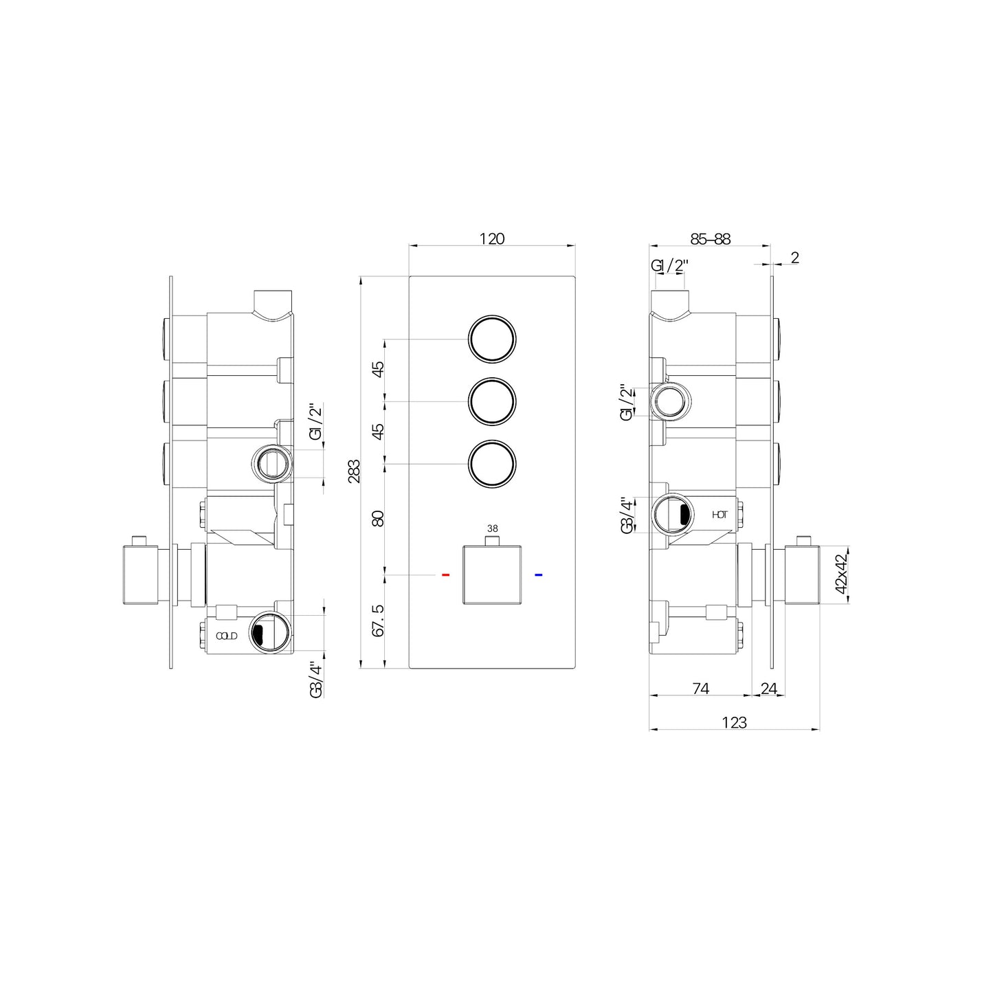 Spello Square Thermostatic Concealed Shower Set with Dual Overhead Shower, Handset Kit - Brushed Brass
