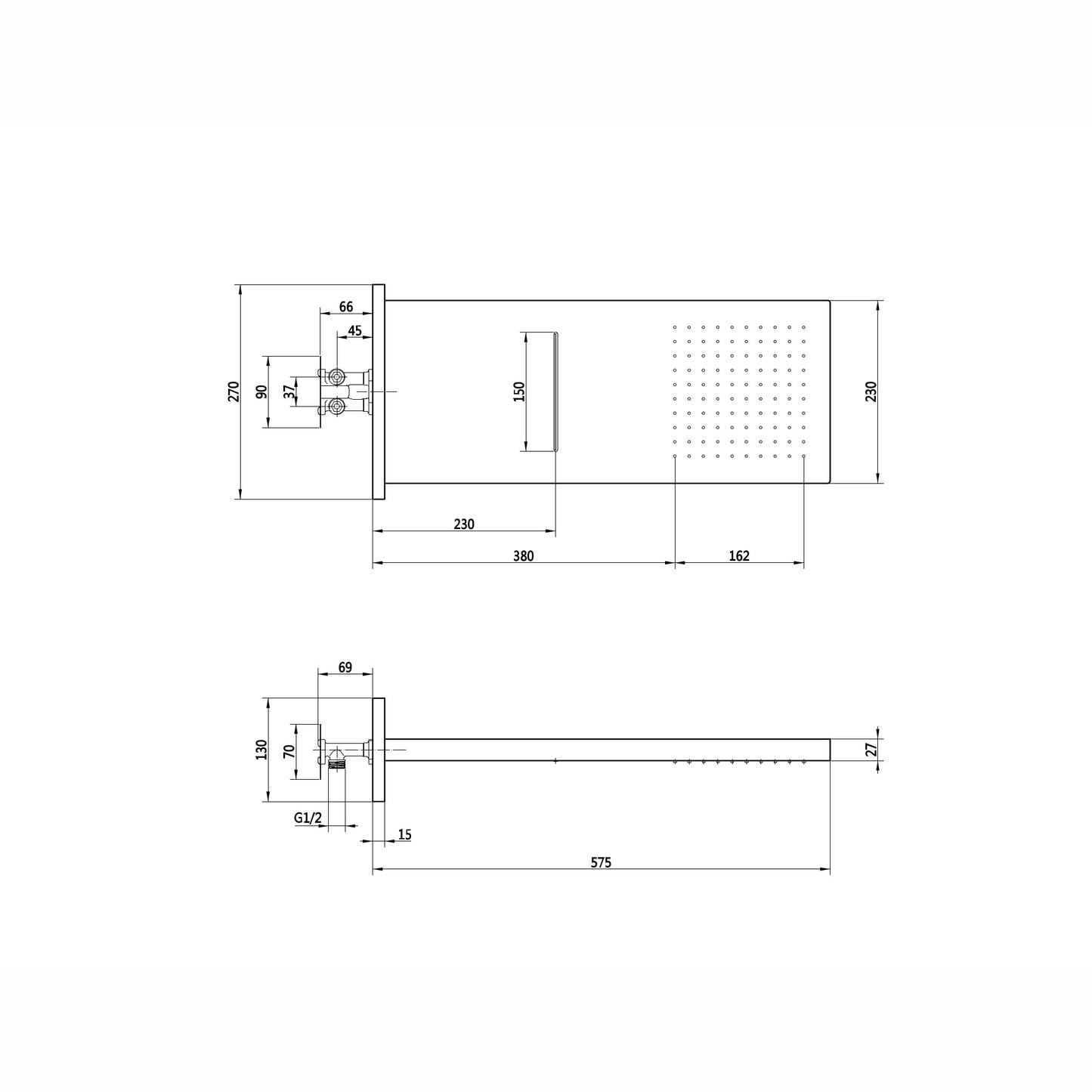 Spello Square Thermostatic Concealed Shower Set with Dual Overhead Shower, Handset Kit - Brushed Brass