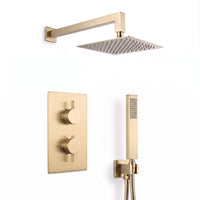 Naples Square Concealed Thermostatic Shower Set Incl. Twin Valve, Wall Fixed 8" Shower Head, Handset Kit - Brushed Brass (2 Outlet)