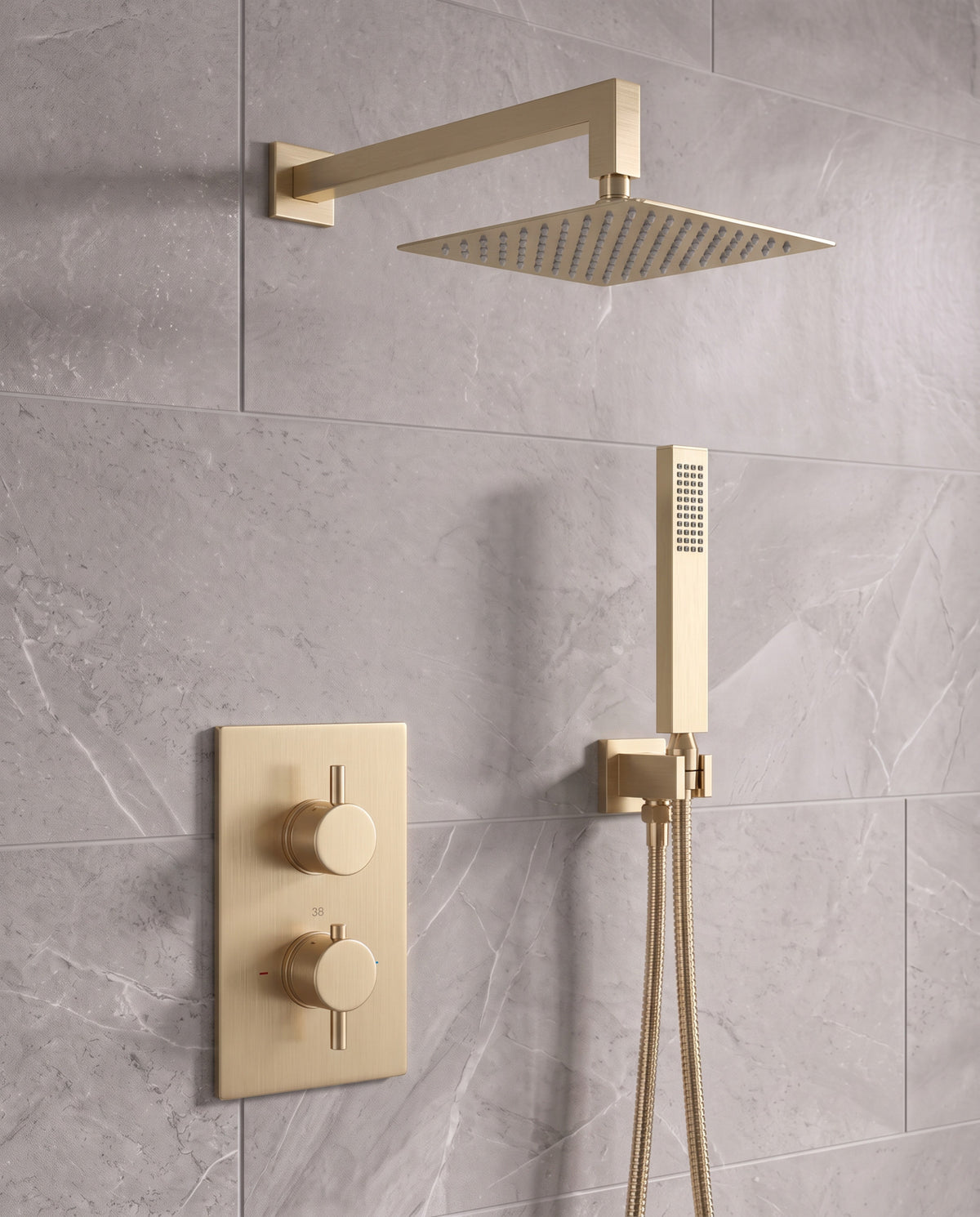 Naples Square Concealed Thermostatic Shower Set Incl. Twin Valve, Wall Fixed 8" Shower Head, Handset Kit - Brushed Brass (2 Outlet)