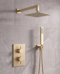 Naples Square Concealed Thermostatic Shower Set Incl. Twin Valve, Wall Fixed 8" Shower Head, Handset Kit - Brushed Brass (2 Outlet)