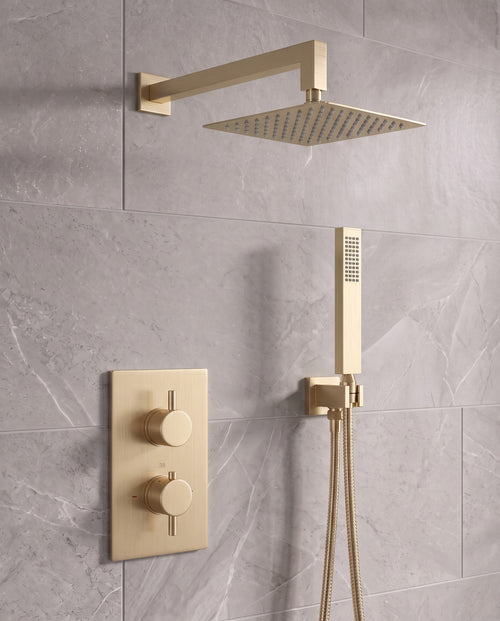 Naples Square Concealed Thermostatic Shower Set Incl. Twin Valve, Wall Fixed 8" Shower Head, Handset Kit - Brushed Brass (2 Outlet)