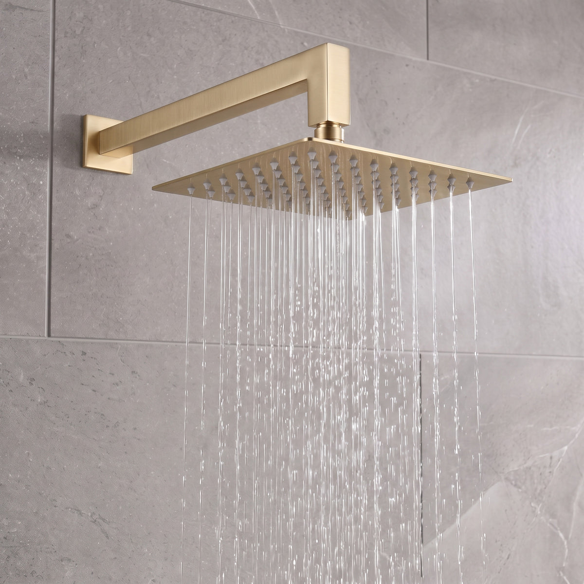 Naples Square Concealed Thermostatic Shower Set Incl. Twin Valve, Wall Fixed 8" Shower Head, Handset Kit - Brushed Brass (2 Outlet)