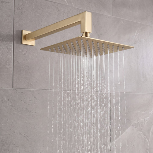 Naples Square Concealed Thermostatic Shower Set Incl. Twin Valve, Wall Fixed 8" Shower Head, Handset Kit - Brushed Brass (2 Outlet)