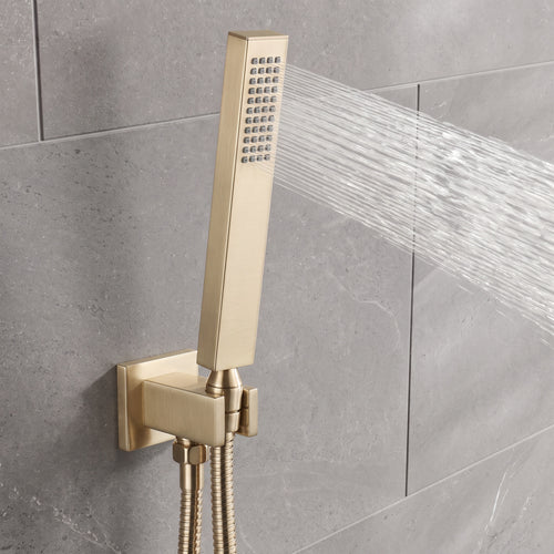 Naples Square Concealed Thermostatic Shower Set Incl. Twin Valve, Wall Fixed 8" Shower Head, Handset Kit - Brushed Brass (2 Outlet)