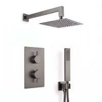 Naples Square Concealed Thermostatic Shower Set Incl. Twin Valve, Wall Fixed 8" Shower Head, Handset Kit - Gunmetal Grey (2 Outlet)