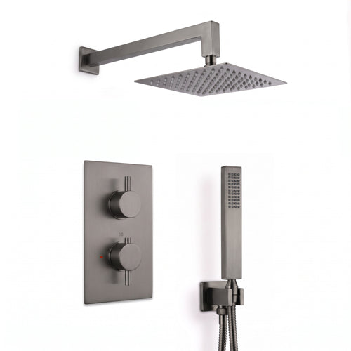 Naples Square Concealed Thermostatic Shower Set Incl. Twin Valve, Wall Fixed 8" Shower Head, Handset Kit - Gunmetal Grey (2 Outlet)
