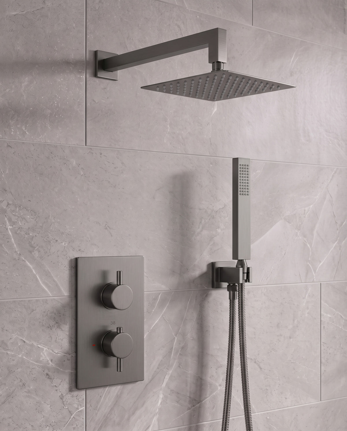 Naples Square Concealed Thermostatic Shower Set Incl. Twin Valve, Wall Fixed 8" Shower Head, Handset Kit - Gunmetal Grey (2 Outlet)
