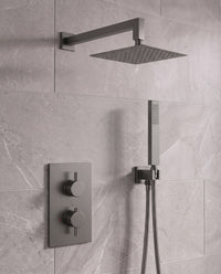Naples Square Concealed Thermostatic Shower Set Incl. Twin Valve, Wall Fixed 8" Shower Head, Handset Kit - Gunmetal Grey (2 Outlet)