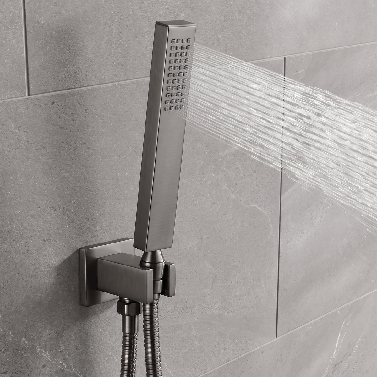 Naples Square Concealed Thermostatic Shower Set Incl. Twin Valve, Wall Fixed 8" Shower Head, Handset Kit - Gunmetal Grey (2 Outlet)
