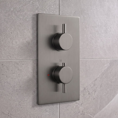 Naples Square Concealed Thermostatic Shower Set Incl. Twin Valve, Wall Fixed 8" Shower Head, Handset Kit - Gunmetal Grey (2 Outlet)