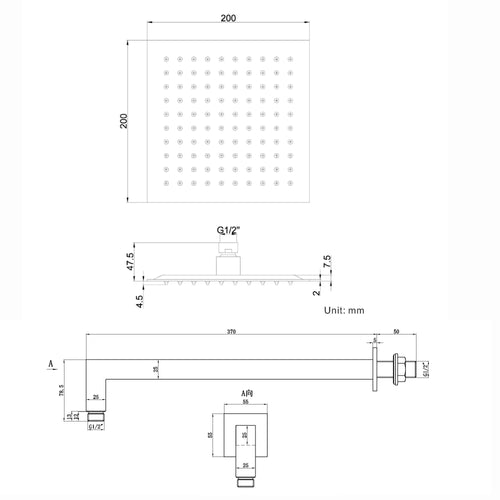 Naples Square Concealed Thermostatic Shower Set Incl. Twin Valve, Wall Fixed 8" Shower Head, Handset Kit - Gunmetal Grey (2 Outlet)