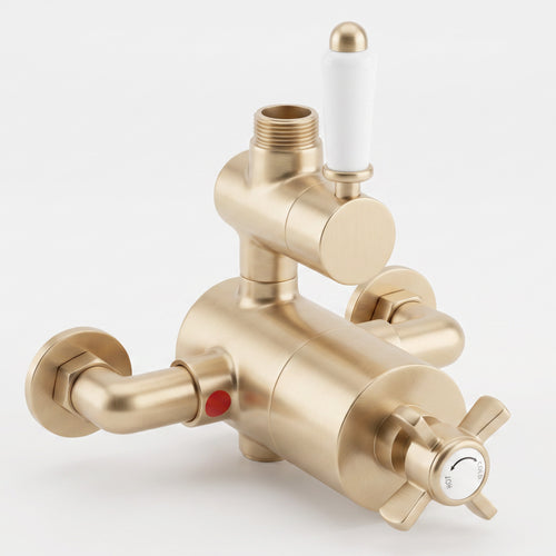 Windsor traditional twin thermostatic shower valve top outlet - brushed brass