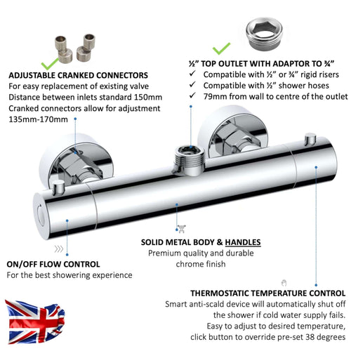 Buy Dune thermostatic bar shower mixer valve top outlet 1/2" or 3/4" outlet (with adaptor) contemporary - chrome online UK