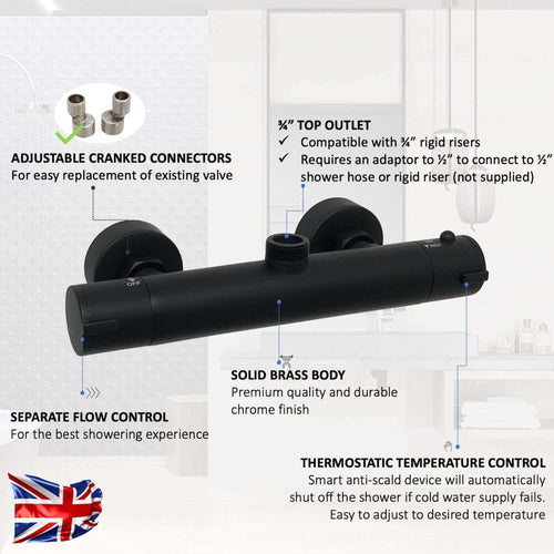 Buy Dune thermostatic bar shower mixer valve top outlet 3/4" outlet contemporary - matt black online UK