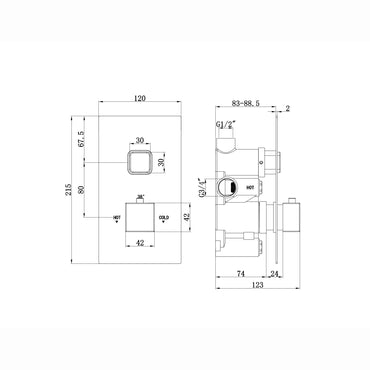 Spello square push button concealed thermostatic shower valve with 1 outlet - chrome