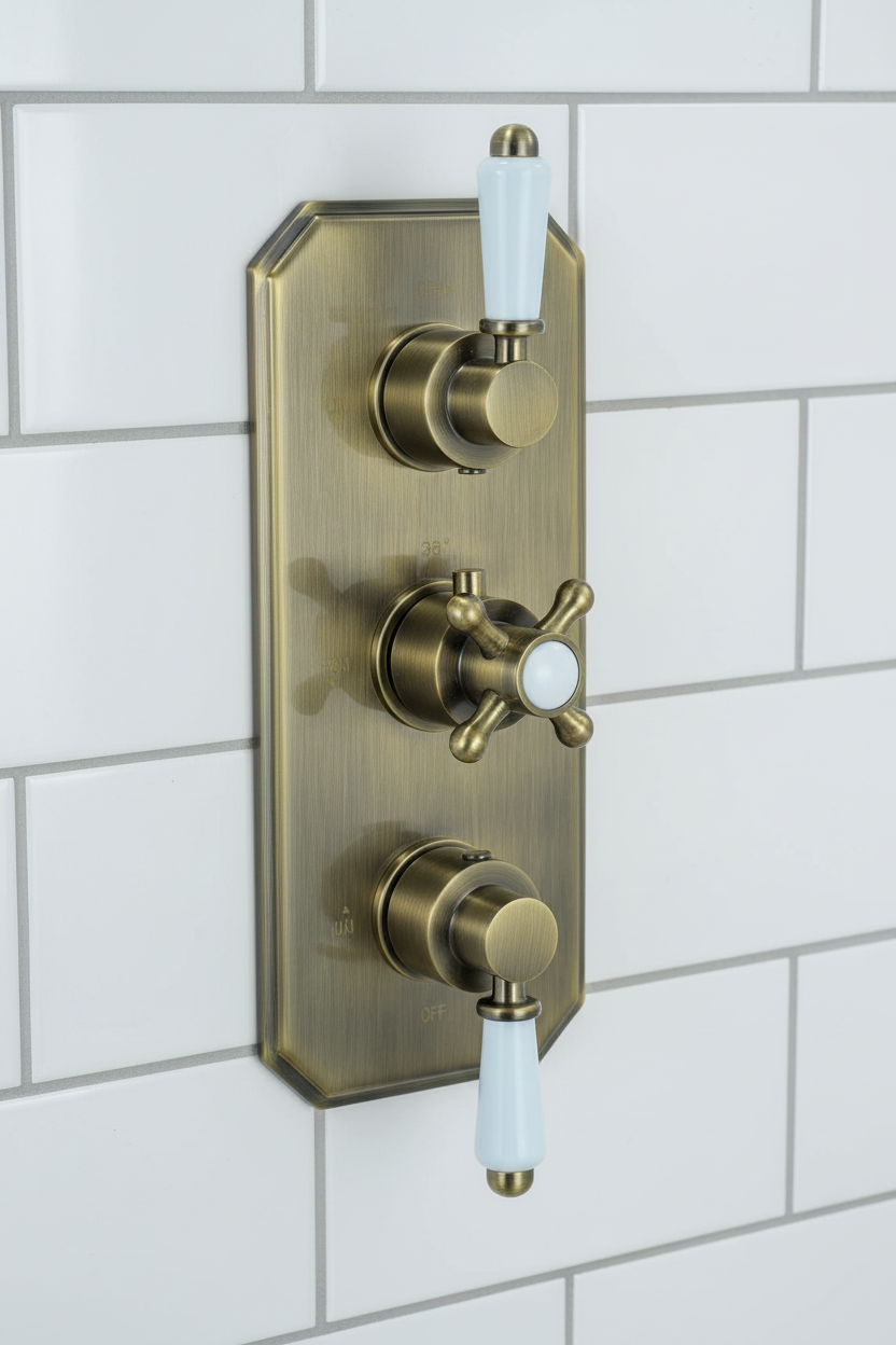 Regent traditional crosshead and white lever concealed thermostatic triple shower valve with 3 outlets - antique brass