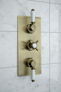 Edwardian traditional crosshead and white detail concealed thermostatic triple shower valve with 2 outlets - antique brass