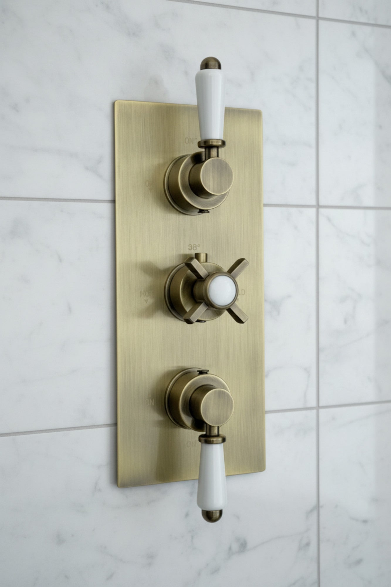 Edwardian traditional crosshead and white detail concealed thermostatic triple shower valve with 2 outlets - antique brass