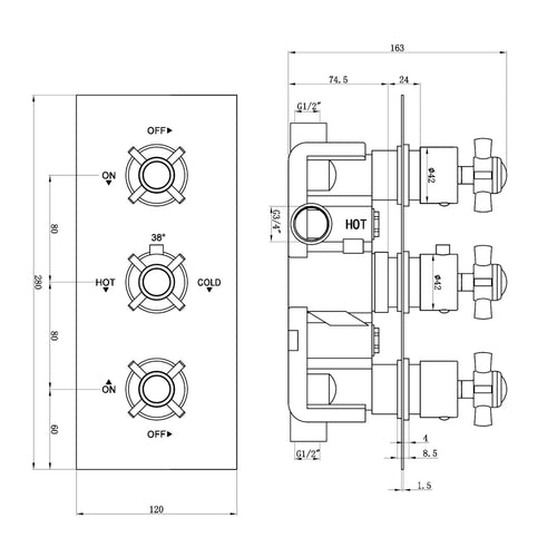 Edwardian traditional crosshead and white detail concealed thermostatic triple shower valve with 2 outlets - antique brass