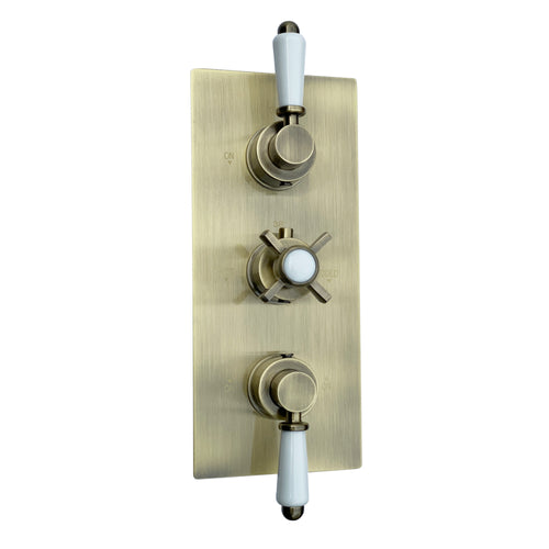 Edwardian traditional crosshead and white details concealed thermostatic triple shower valve with 3 outlets - antique brass