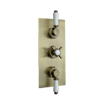 Edwardian traditional crosshead and white details concealed thermostatic triple shower valve with 3 outlets - antique brass