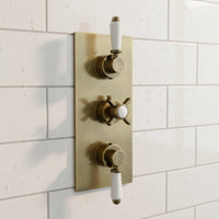 Edwardian traditional crosshead and white details concealed thermostatic triple shower valve with 3 outlets - antique brass