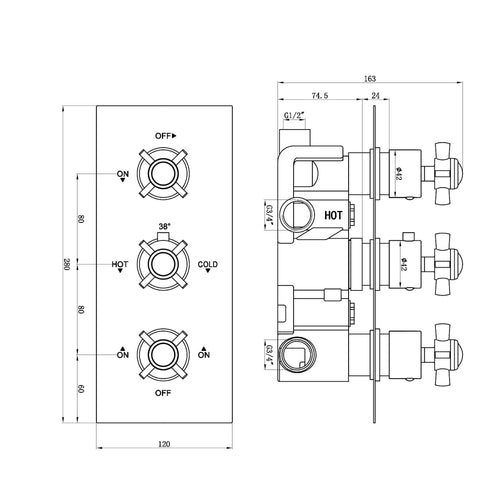 Edwardian traditional crosshead and white details concealed thermostatic triple shower valve with 3 outlets - antique brass
