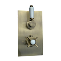 Edwardian traditional crosshead and white detail concealed thermostatic twin shower valve with 2 outlets - antique brass