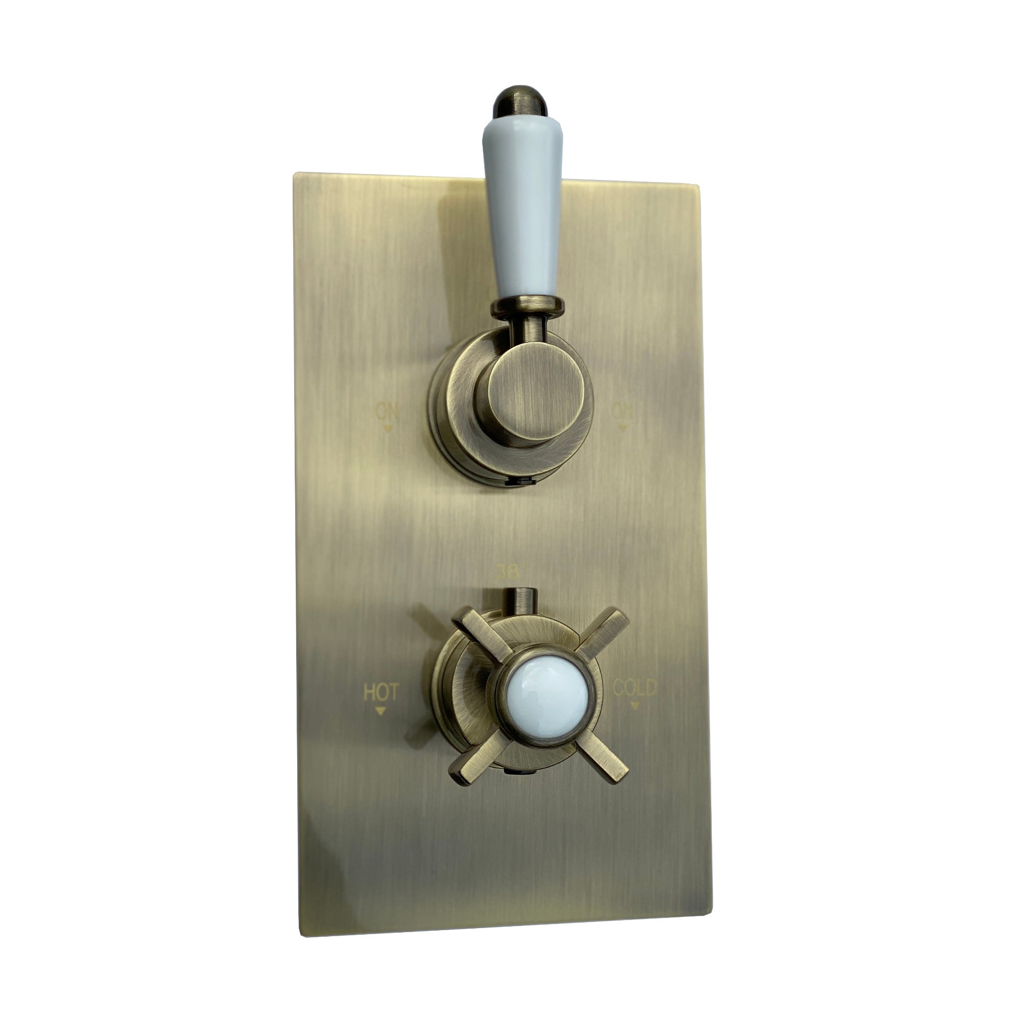 Edwardian traditional crosshead and white detail concealed thermostatic twin shower valve with 2 outlets - antique brass