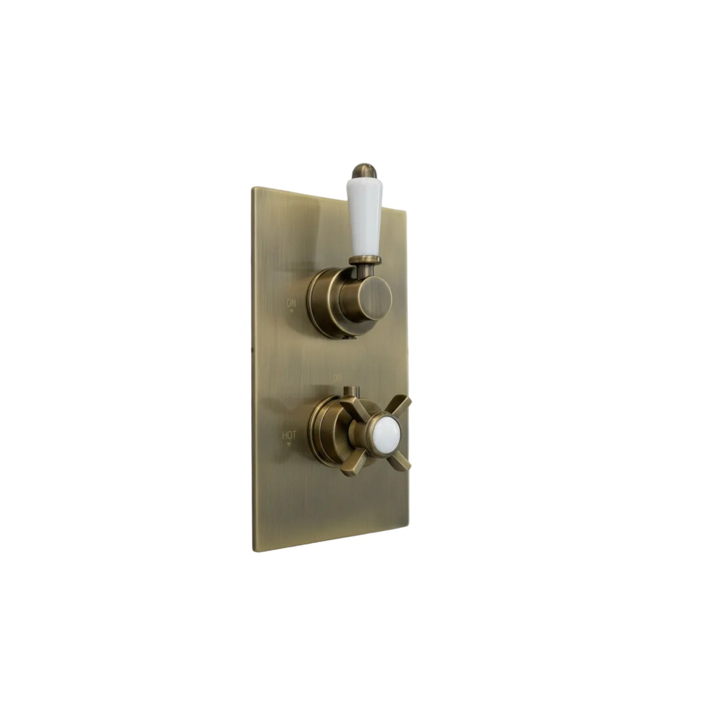 Edwardian traditional crosshead and white detail concealed thermostatic twin shower valve with 2 outlets - antique brass