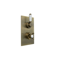 Edwardian traditional crosshead and white detail concealed thermostatic twin shower valve with 2 outlets - antique brass