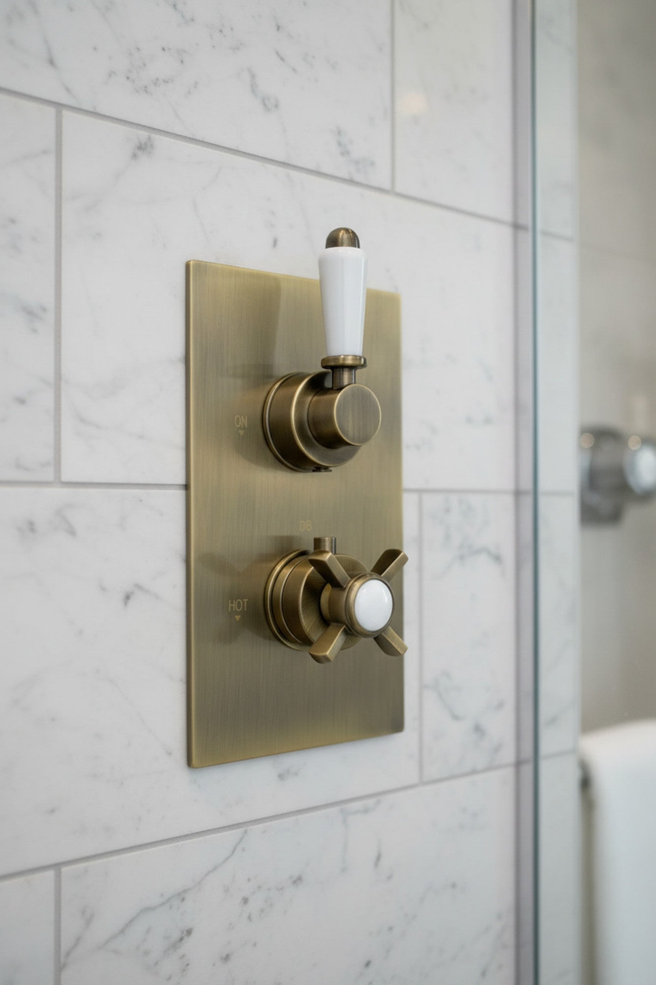 Edwardian traditional crosshead and white detail concealed thermostatic twin shower valve with 2 outlets - antique brass