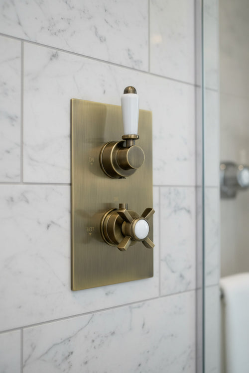 Edwardian traditional crosshead and white detail concealed thermostatic twin shower valve with 2 outlets - antique brass