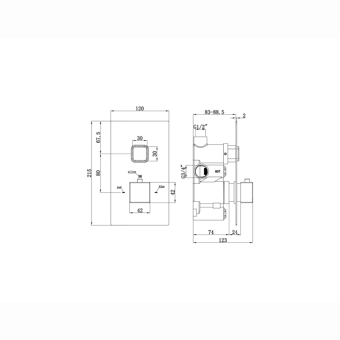 Spello square push button concealed thermostatic shower valve with 1 outlet - black