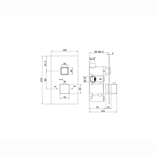 Spello square push button concealed thermostatic shower valve with 1 outlet - black