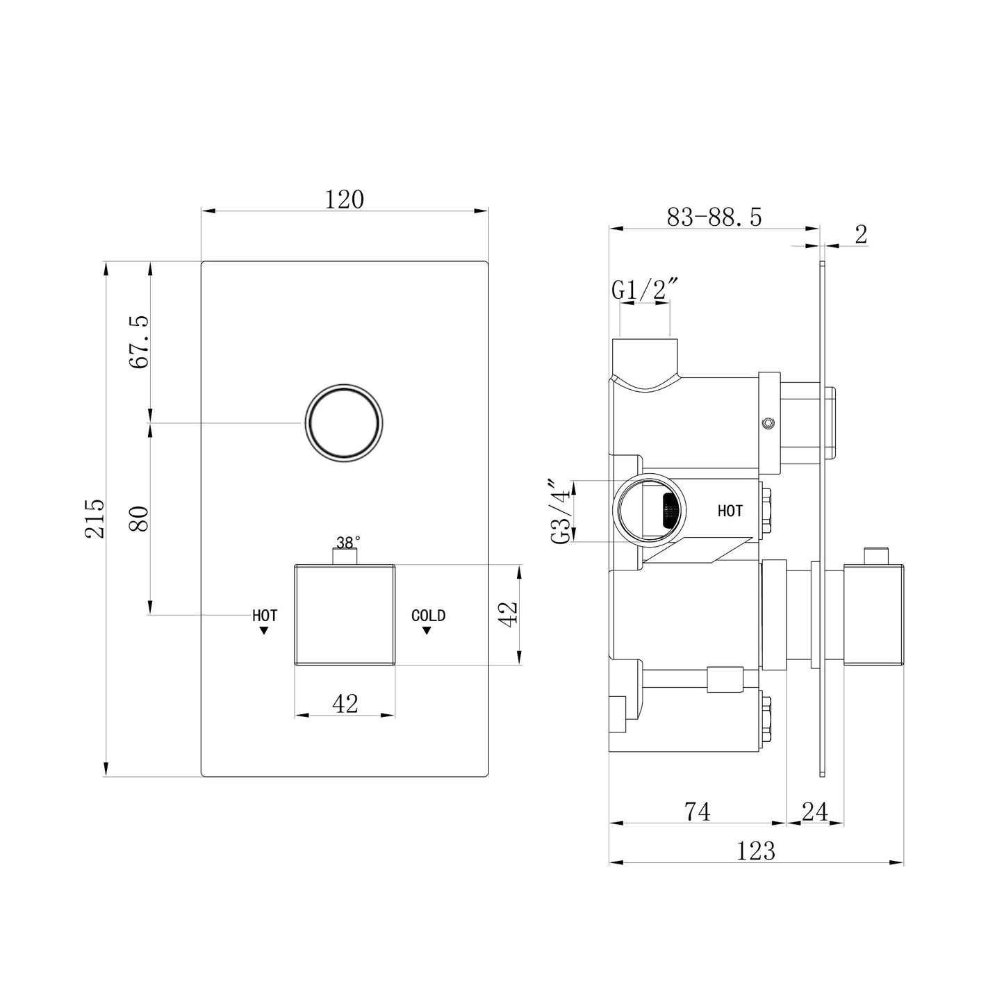 Buy Spello square push button concealed thermostatic shower valve with 1 outlet - brushed brass online UK