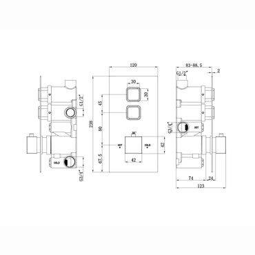 Milan square push button concealed thermostatic shower valve with 2 outlets - brushed brass