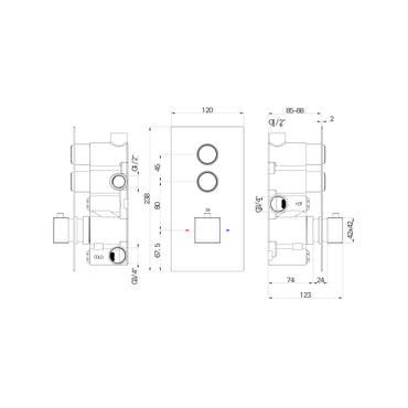 Spello square push button concealed thermostatic shower valve with 2 outlets - brushed brass