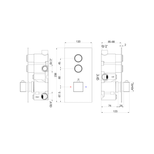 Spello square push button concealed thermostatic shower valve with 2 outlets - brushed brass