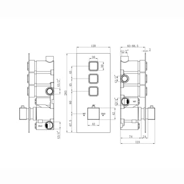 Milan square push button concealed thermostatic triple shower valve with 3 outlets - brushed brass