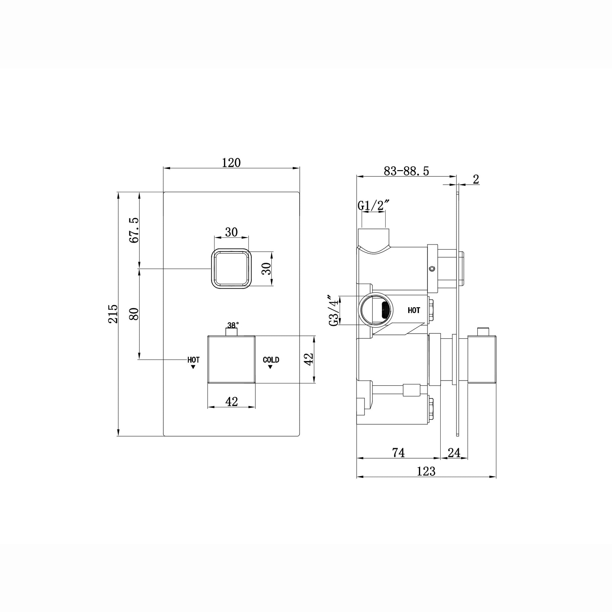 Buy Spello square push button concealed thermostatic shower valve with 1 outlet - gunmetal grey online UK