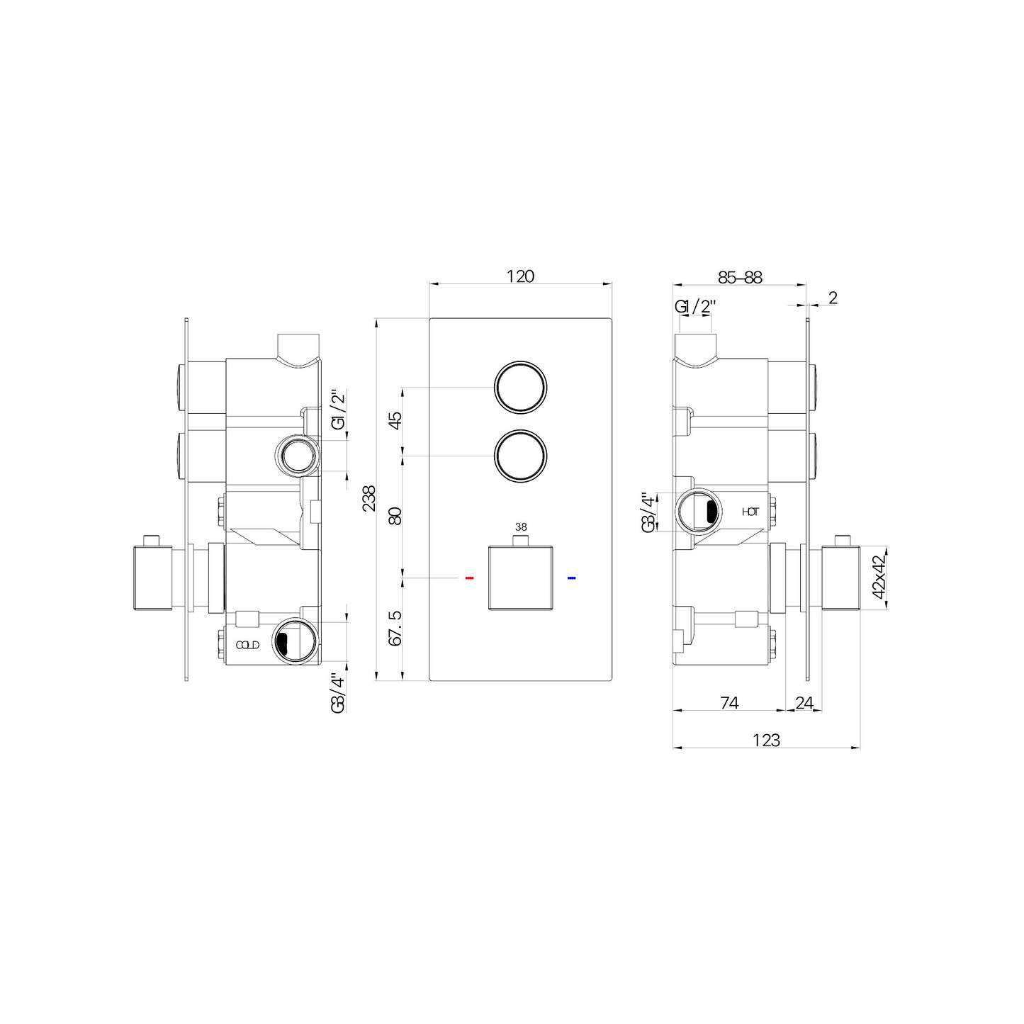Buy Spello square push button concealed thermostatic shower valve with 2 outlets - gunmetal grey online UK