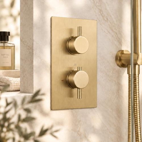 Naples contemporary round concealed thermostatic twin shower valve with 1 outlet - brushed brass