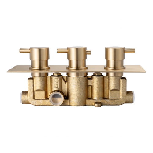 Naples contemporary round concealed thermostatic triple shower valve with 2 outlets - brushed brass