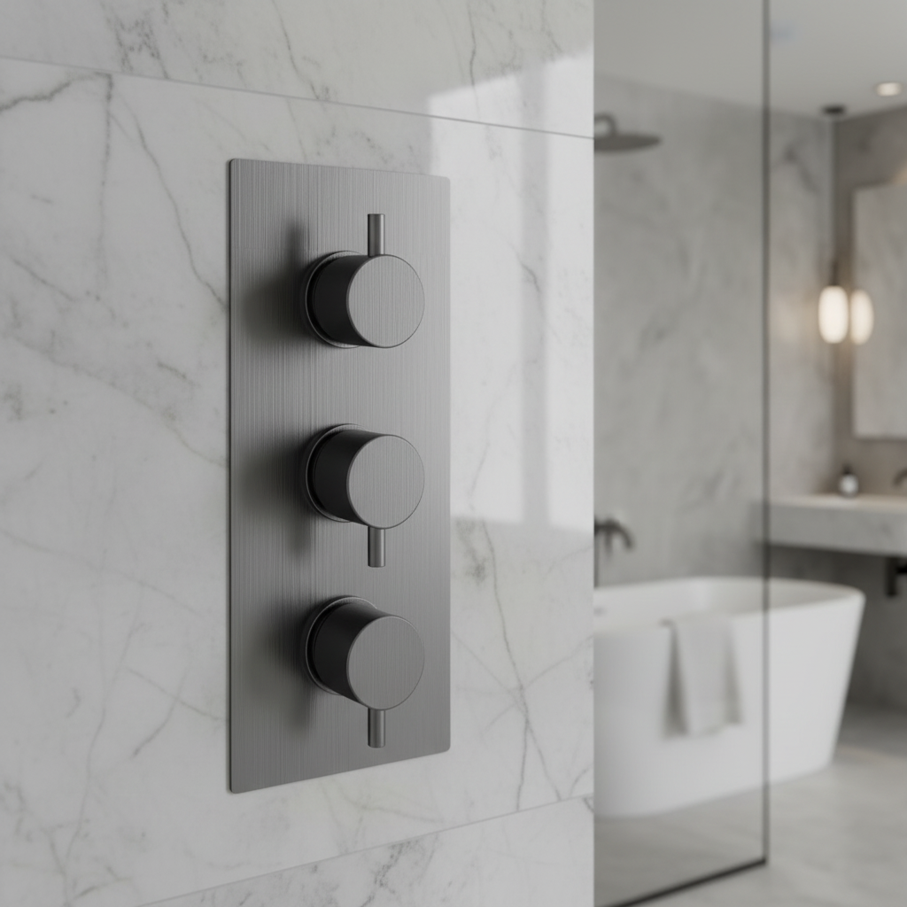 Naples contemporary round concealed thermostatic triple shower valve with 3 outlets - gunmetal grey
