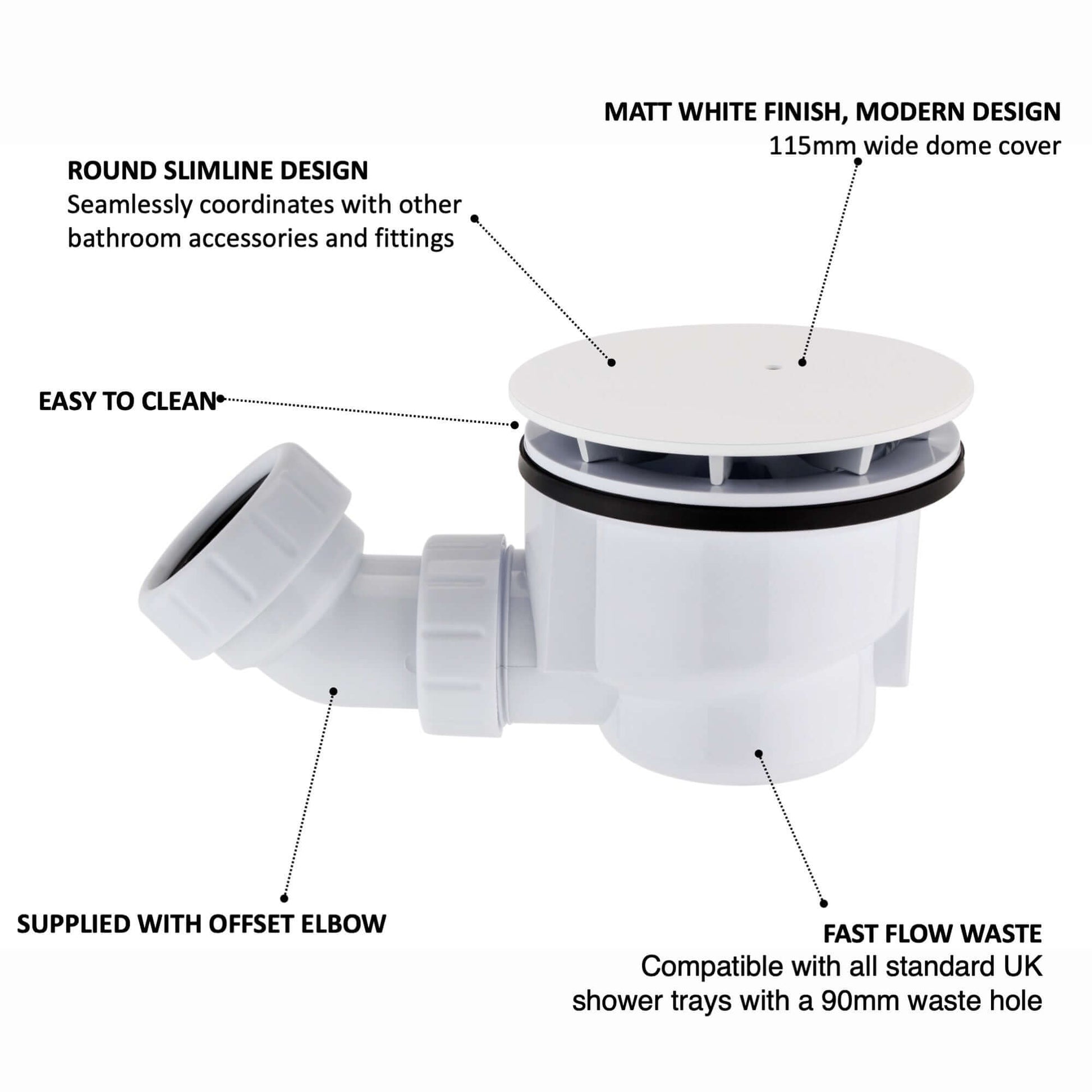 Buy Shower tray high flow waste 90mm - matt white Online UK | HOUSE OF ENKI