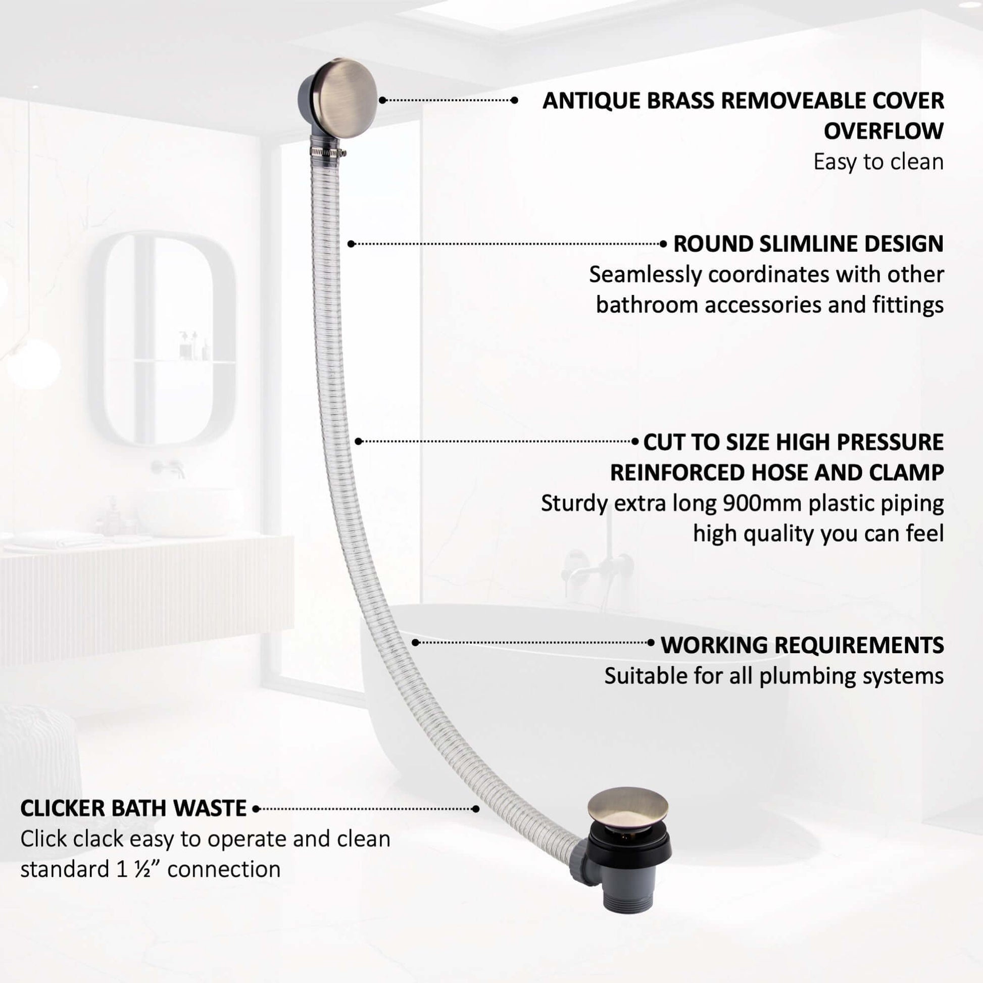 Buy Easy clean cut to size pipe bath sprung waste & overflow (bath thickness 5-15mm) - antique brass Online UK | HOUSE OF ENKI