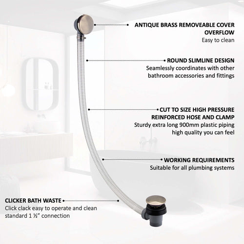 Buy Easy clean cut to size pipe bath sprung waste & overflow (bath thickness 5-15mm) - antique brass online UK