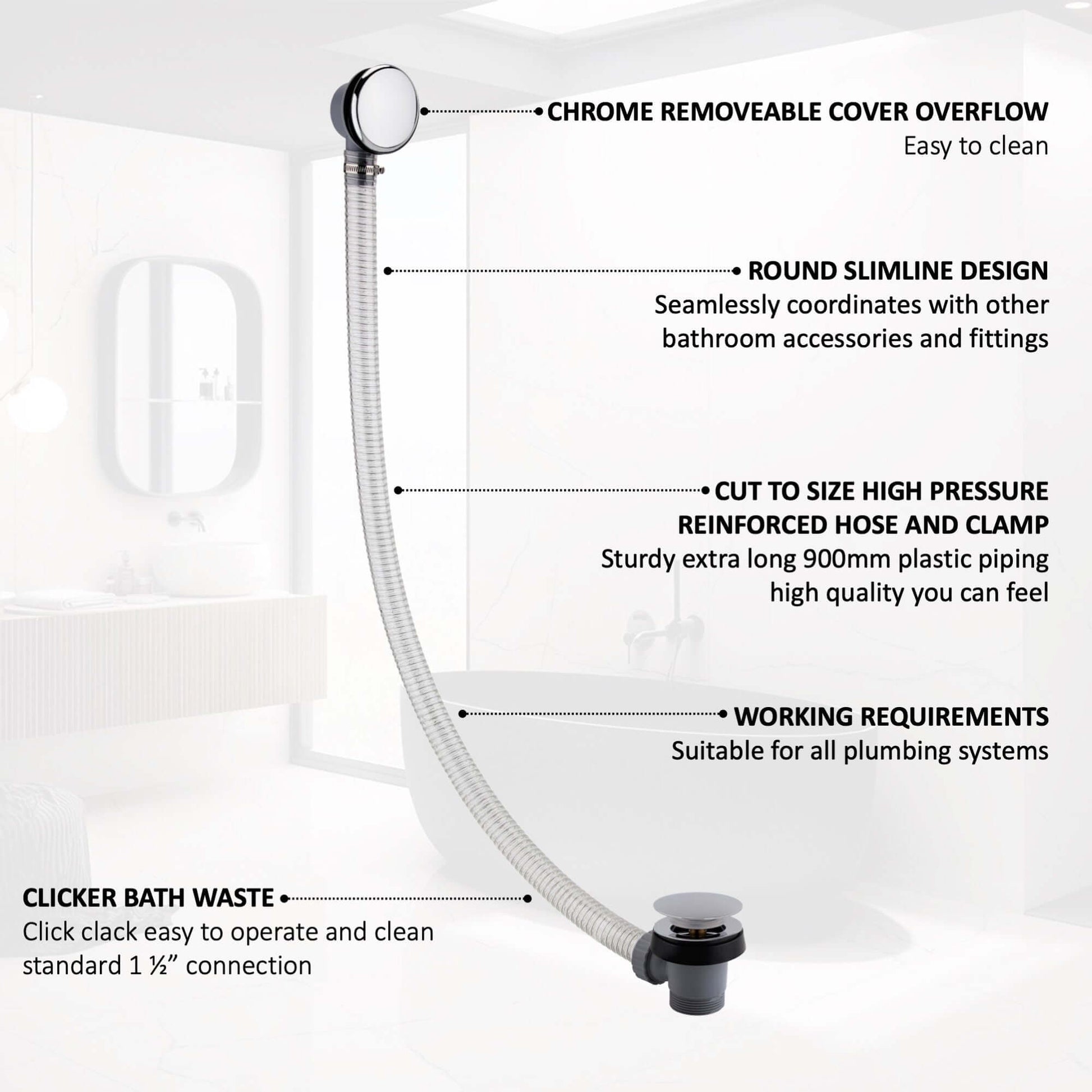 Buy Easy clean cut to size pipe bath sprung waste & overflow (bath thickness 5-15mm) - chrome Online UK | HOUSE OF ENKI